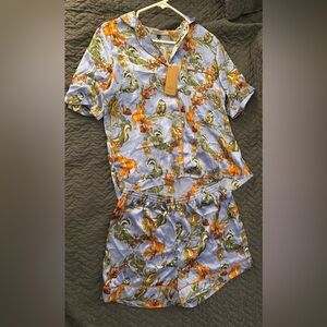Women’s Blue Animal Print Casual Shirt and shorts satin pajamas